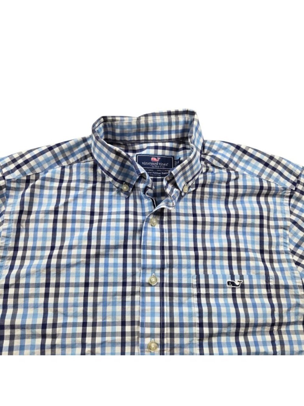 Vineyard Vines Shirt Mens Medium Blue Button Down Slim Tucker Plaid Check Whale